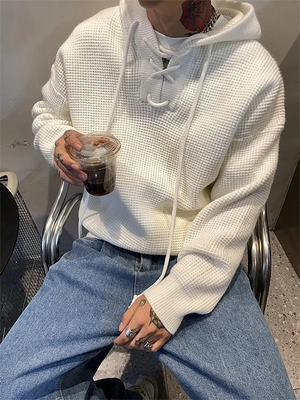 

Мужской вязаный свитер-худи большого размера, повседневный, свободного кроя, осенне-зимний, модный дизайн, с деталями из джутовой веревки, удобный, дышащий