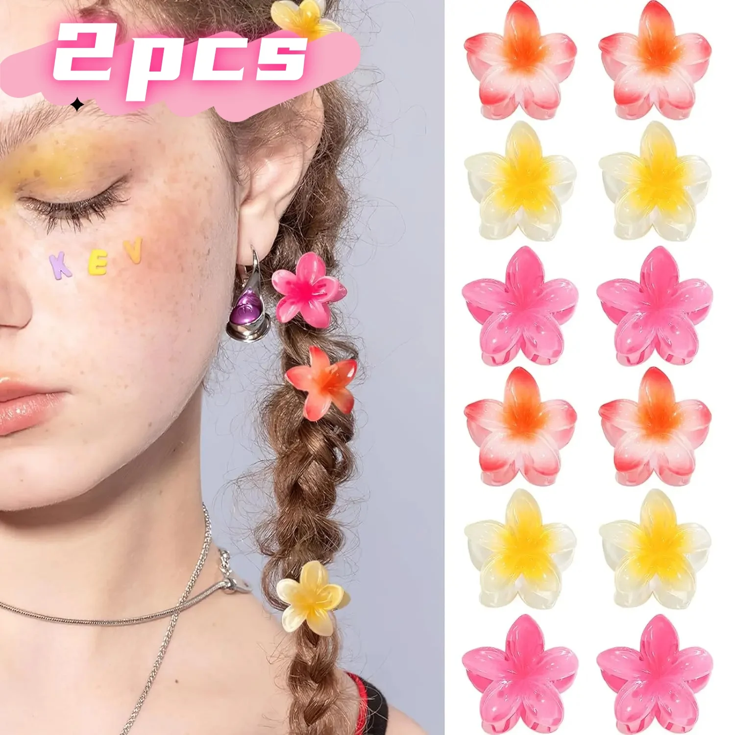 2pcs 4cm Small Hairpin Hair Claw Clip Hairwear Bohemia Colored Plumeria Flower Acrylic Hair Clip Women Girls Sweet Hairpin