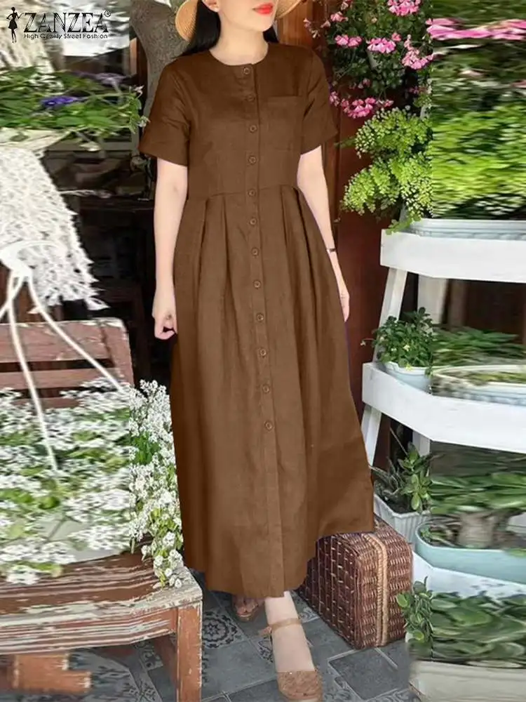 

ZANZEA Vacation Short Sleeve Midi Dresses Button Up Casual Loose O Neck Women Robes 2024 Summer Holiday Solid A-line Vestidos