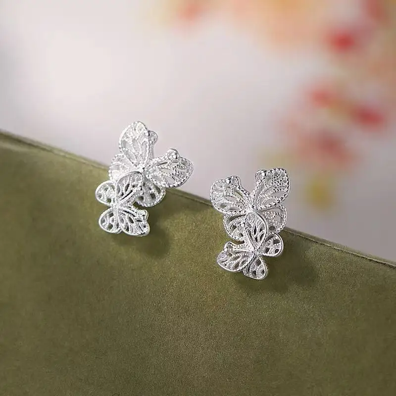 Real 925 Sterling Silver Lace Hollow Butterfly Stud Earrings For Women Cute Fine Jewelry Small Niche Advanced Accessories