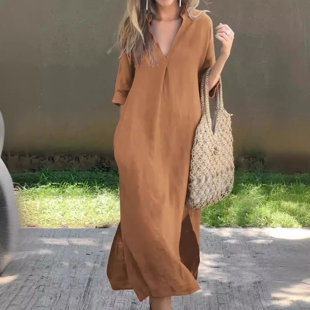 Women\'s Half Sleeve Cotton Linen Maxi Dress Deep V Neck Loose Long Dresses Pockets Elegant Fashionable  Casual Female Vestidos