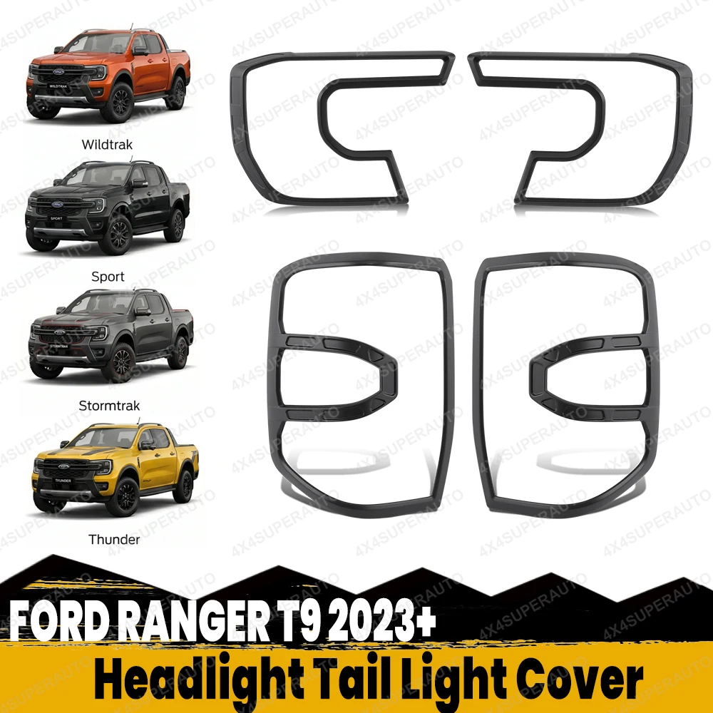 

For Ford Ranger T9 2023 2024 2025 Headlight Tail Light Cover Matte Black Light Cover Rear+Front Wildtrak Sport ABS 4pcs/set