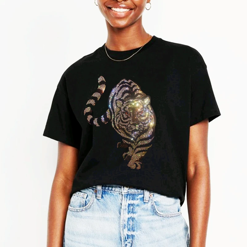 Tiger print t shirts for women 2025 summer new top diamonds females tshirts cotton short sleeve shirts