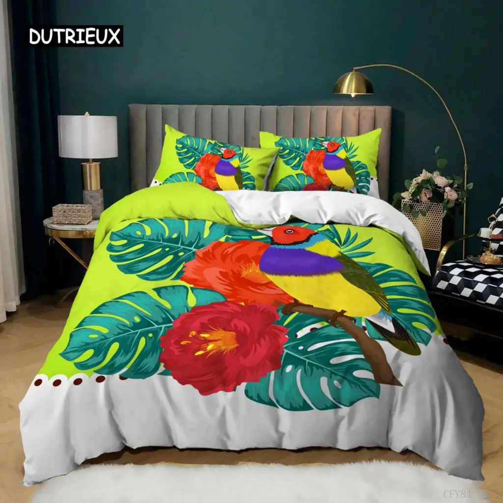 

Parrot Duvet Cover King Size Realistic Looking Birds on Branches Macaw Tropical Wildlife Bedding Set Soft Polyester Quilt Cover