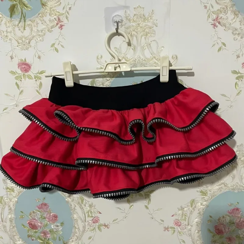 Y2k Subulture Zipper Skirt Retro Punk Women Cake Mini Skirt Ruffle Rock Layered A Line White Red Japanese Skirts Spring Summer