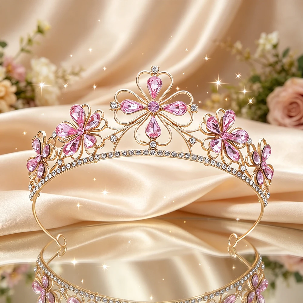 Baroque Four-Leaf Flower Crystal Bridal Tiara Sparkling Rhinestone Floral Queen Crown Elegant Royal Headpiece Wedding Birthday view 3