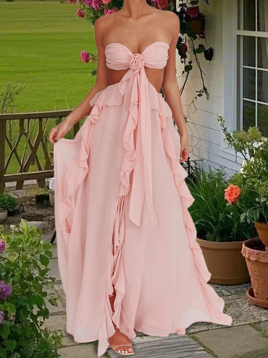 Robe de bal découpée pour femmes, sans manches, cravate au dos, couleur unie, à volants, longue robe de soirée d'été