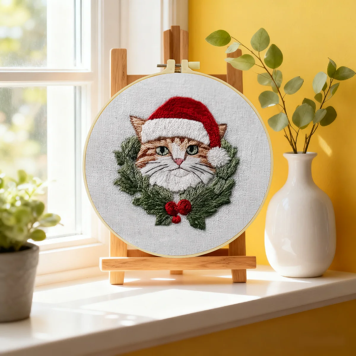 1 Stück 20X20CM/15X15CM 7,87/6,3 Zoll Stickerei-Starter-Kit DIY-Set Heimdekoration, Weihnachtskatze, Stickerei-Set – Detail 3