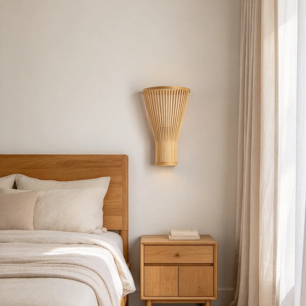 Boho Wall Light Handmade Bamboo Wall Lamp Fixture Little Wall Mounted Light Rustic Wall Sconces for Bedroom Hallway Stairway