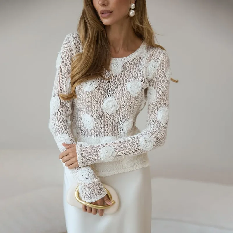 

Tuularose Women White Pullover Fashion Sexy See-through Lace Bottom Shirt T-Shirt Tops Floral Patchwork Slim Elegant Female Tops