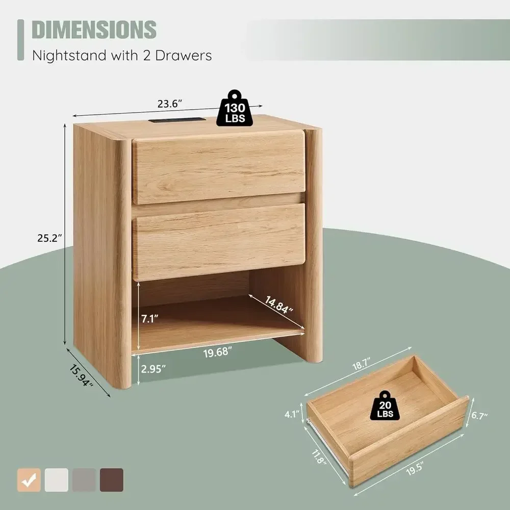 24.5 High Nightstand with Charging Dock, 23.6 Wide Storage Nightstand with Drawers and Open Shelf, Natural Wood Nightstand with