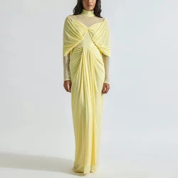 Elegant Party Dresses for Women Spandex Sheath/Column Saudi Evening Dress Pale yellow High Collar Pleat Valentine's Day Gown
