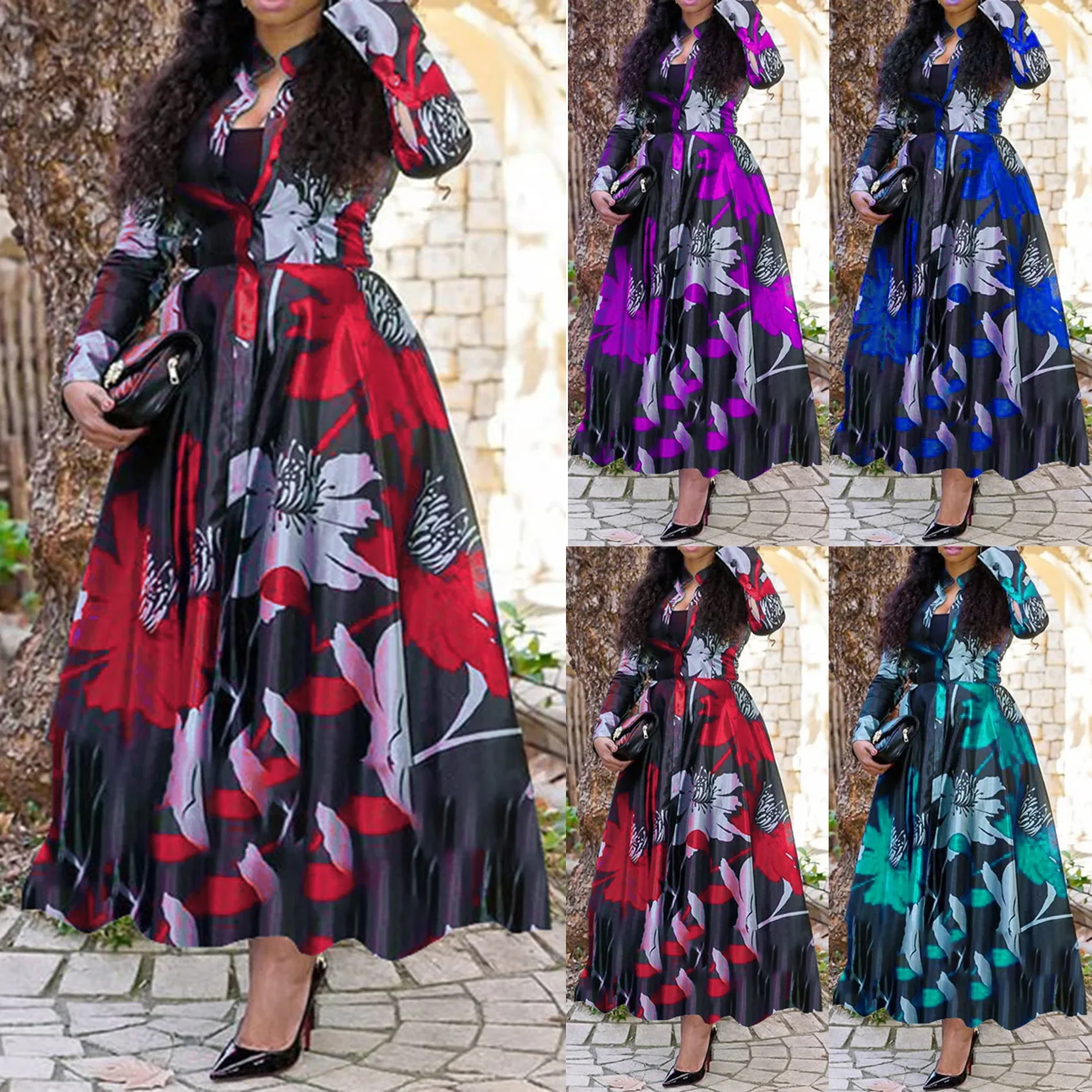 

Women Long Sleeve Maxi Dress High Waist Floral Flower Printed High Waist Floor Length Dress
