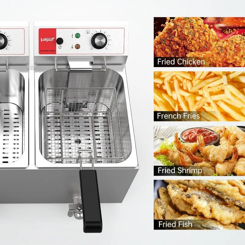 Dual Tanks Commercial Deep Fryer Electric Large Capacity Stainless Steel Countertop Kitchen Frying Machine with Basket & Lid