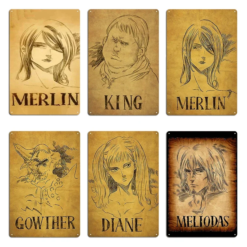 Escanor Wanted Metal Sign Wall Mural Printing Garage Club Poster Merlin King Gowther Diane Meliodas Wanted Tin sign Posters