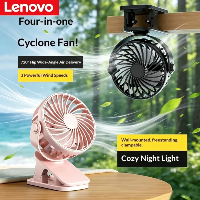 Lenovo Portable Rechargeable Clip Fan 720° Rotatable Hanging Fan with Night Light Air Cooler for Outdoor Camping Ventilador New