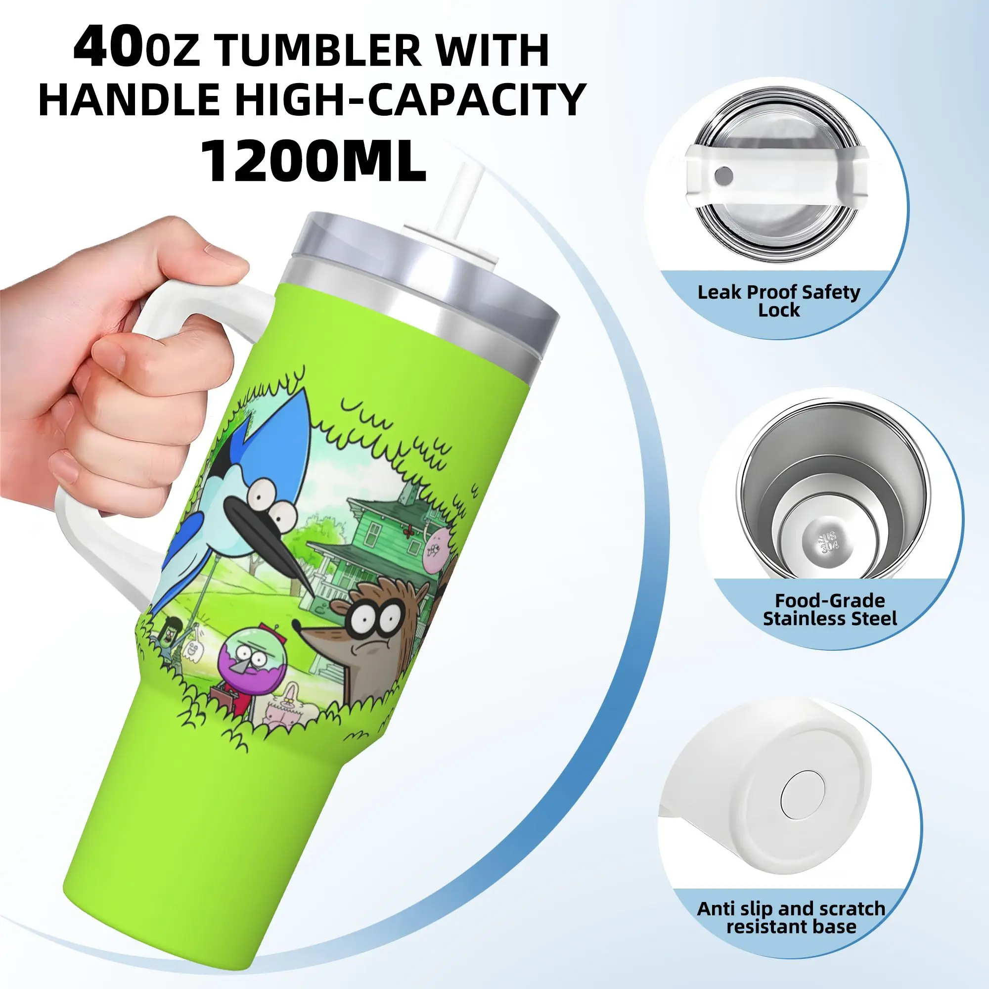 Mordecai And Rigby Regular Show Cartoon Stainless Steel Tumbler Thermal Mug With Straws and Lid 40oz Car Mugs Drink Water Bottle