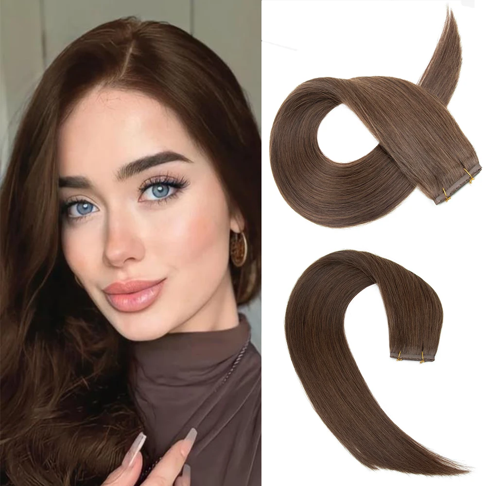 Невидимые накладные пряди для наращивания волос 12-24 дюйма, на полиуретановой ленте, 100% натуральные человеческие волосы, средний коричневый оттенок, микропетлевые пряди для женщин