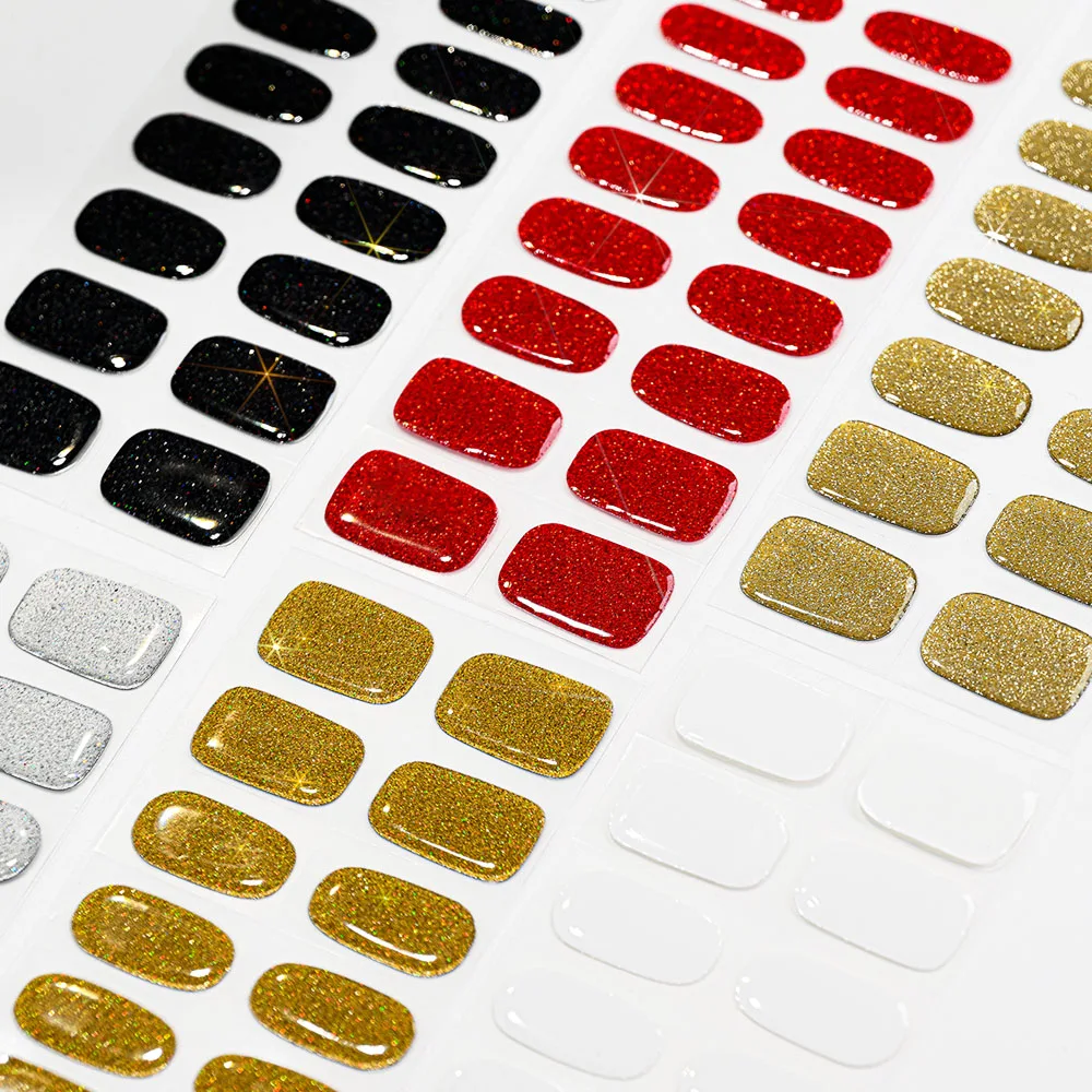 16tips White Full Cover Semi-Cured Gel Nail Stickers Solid Color&Glitter UV/LED Long-Lasting Slider For Extension Nail Stickers