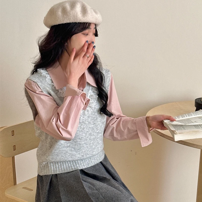 Gilet tricoté en dentelle à col en v pour femmes, pull ample sans manches de couleur unie