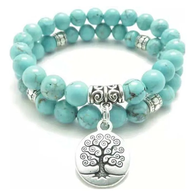 2pcs/set Tree of Life Yoga Mala Bracelet Natural Stone Healing Protection Elastic Beaded Stacking Bracelet Spiritual Jewelry