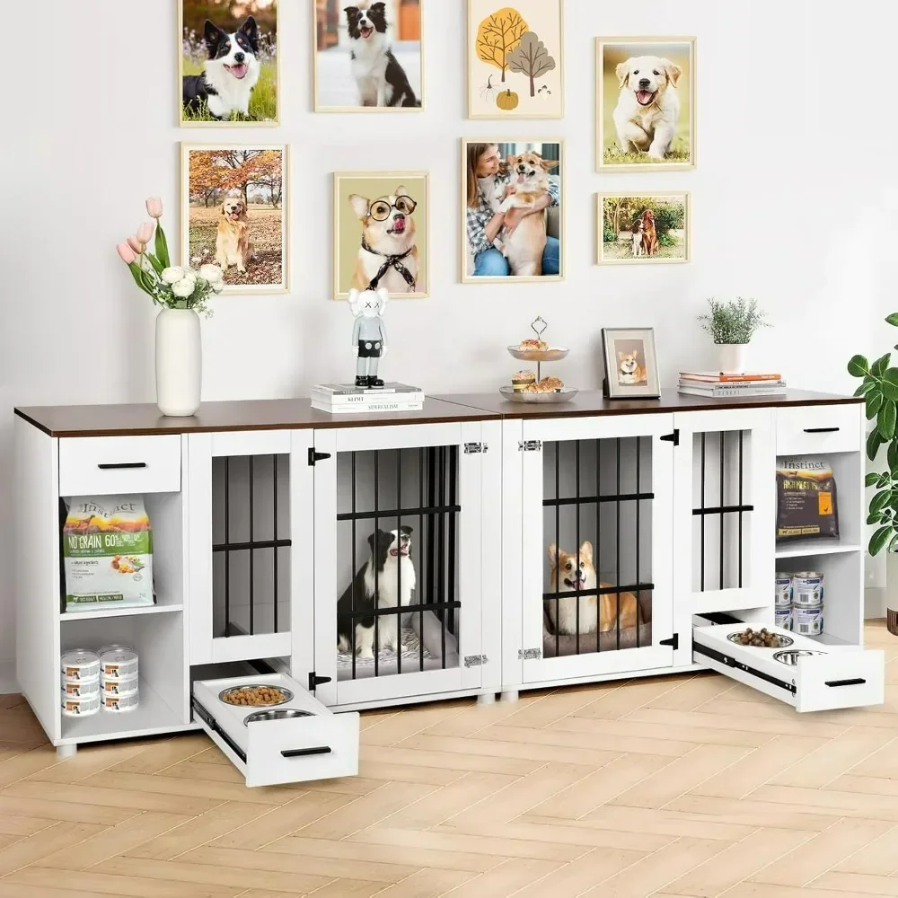 Dog Crate, Large Wooden Dog House with Drawers and Heavy Duty Kennel Indoor with Room Divider and TV Stand Cabinet, Dog Crate