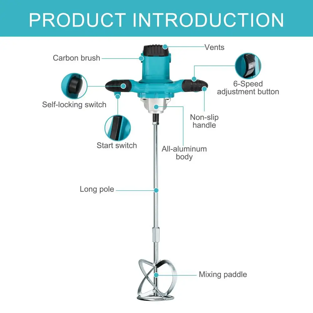핸드헬드 전기 콘크리트 믹서, 6 단 속도 조절, 액세서리 팩, 2600W