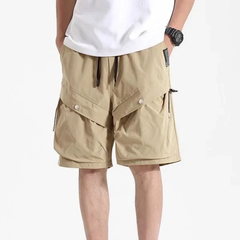 

Бермуды широкие с завязками цвета хаки с эластичной резинкой на талии, мешковатые карманы, мужские шорты-карго, однотонные полусвободные длинные короткие брюки для мужчин Y2k
