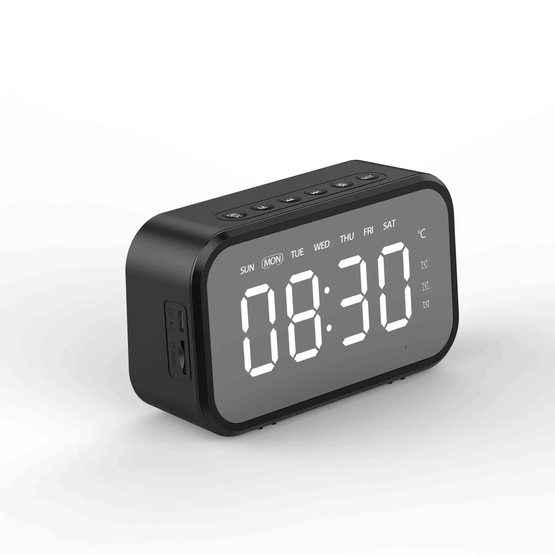 FM Radio, Stereo Sound, Rechargeable Digital Alarm Clock with 3 Alarms, and Wireless Speaker – LED Table Clock TF Card Playback