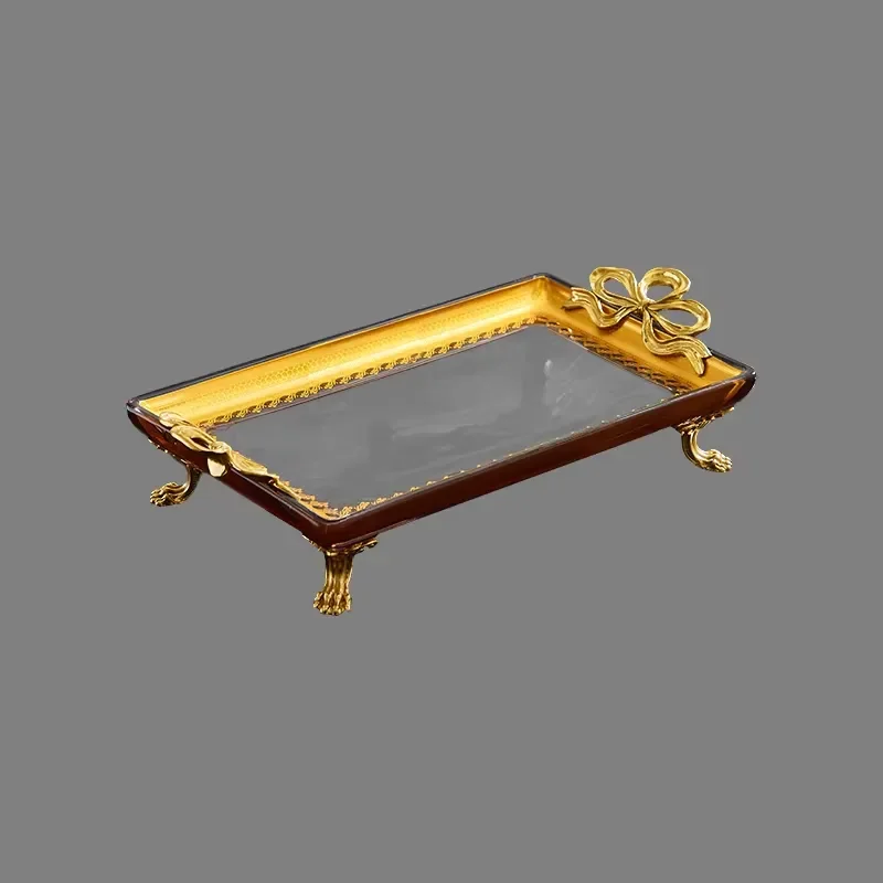 New Arrival Home Decor Copper Gold Bowknot Decorative Rectangle Crystal Serving Trays