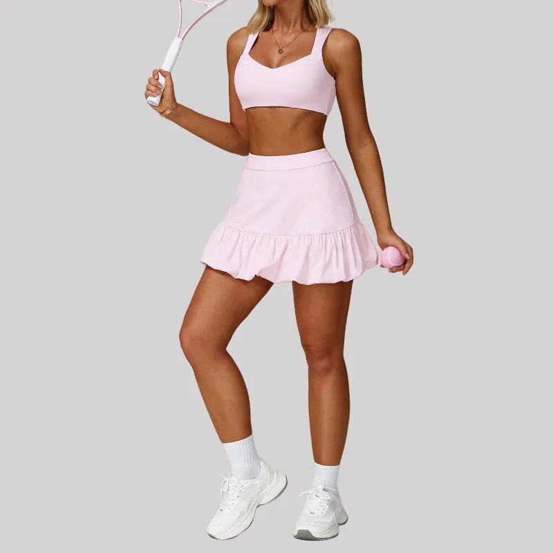

New Women's Seamless Yoga Set Naked Feel Sports Bra Quick-Dry Built-in Anti-Slip Shorts Skort Fitness Running Gym Workout Outfit