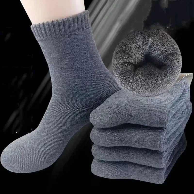 5 Pairs Set Men's Sock Autumn And Winter Thick And Plush Mid Tube Looped Socks Warm Sweat Absorption Breathable Snow Sock Simple