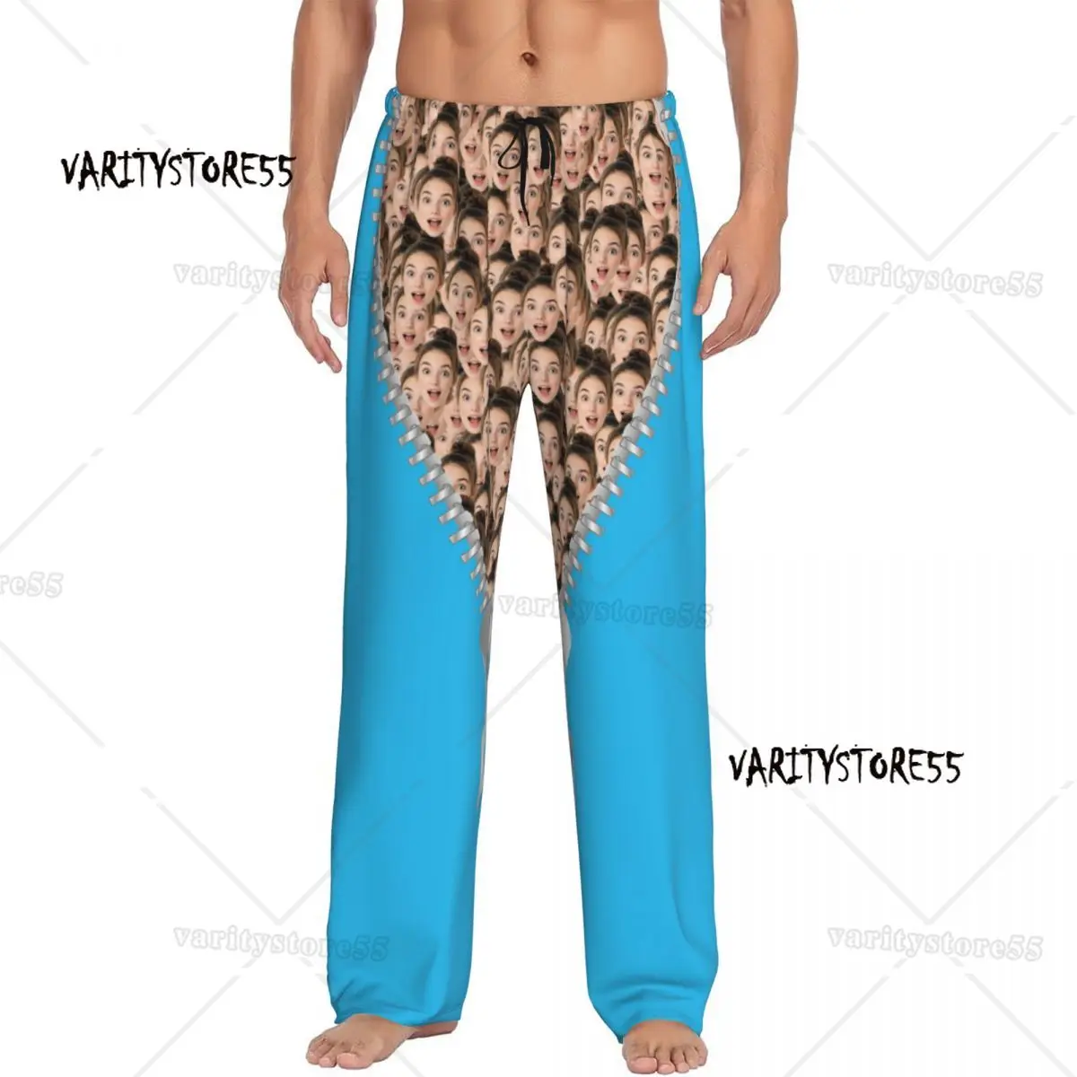 

Пижамные штаны с индивидуальной молнией для лица и фото лица для мужчин, одежда для сна, эластичные штаны для сна с карманами