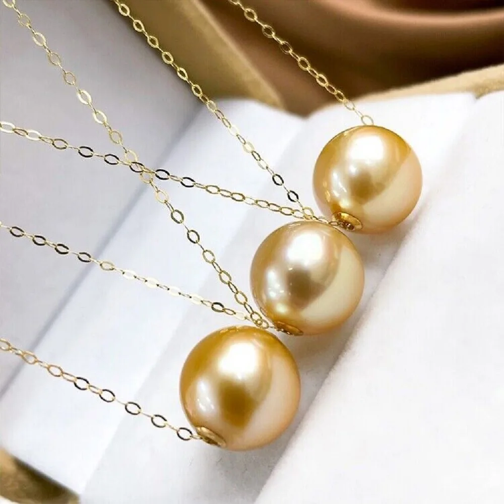 HUGE New  Stunning  AAAA+++ 11-12MM SOUTH SEA  GOLD S925 Sterling Silver Pearl Pendant Necklace Fashion Style  Round Beads 18IN