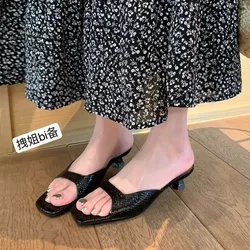 Baotou Women's Shoes Summer New Pointed Head Rhinestone Mesh Hollow-out One Line Buckle High Heel Sandals