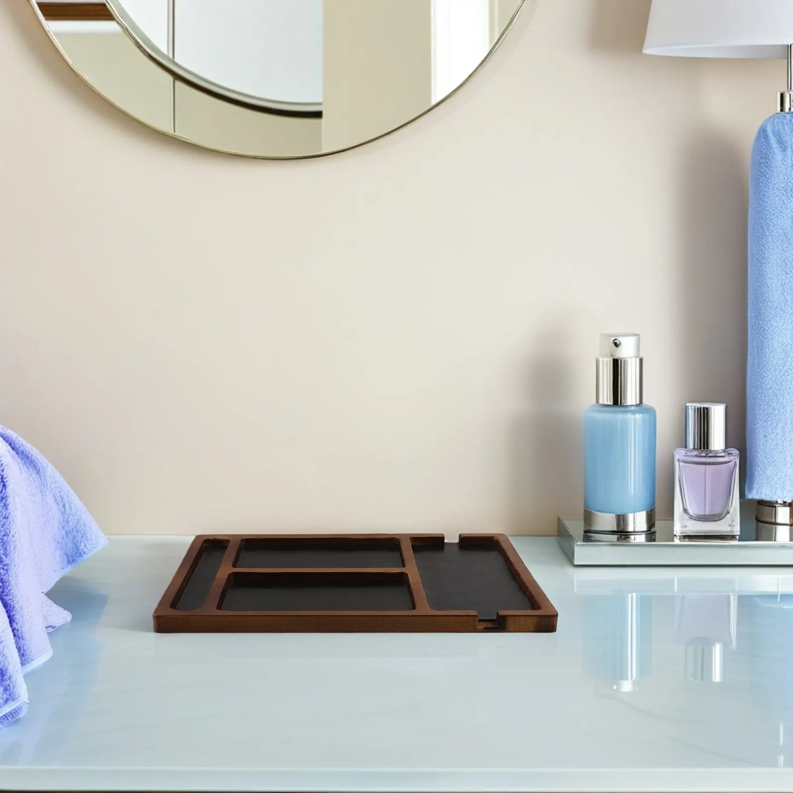 Bandeja de Escritorio de Madera con Múltiples Compartimentos, Organizador de Joyas de Madera Natural para Mesita de Noche, Recámara o Entrada