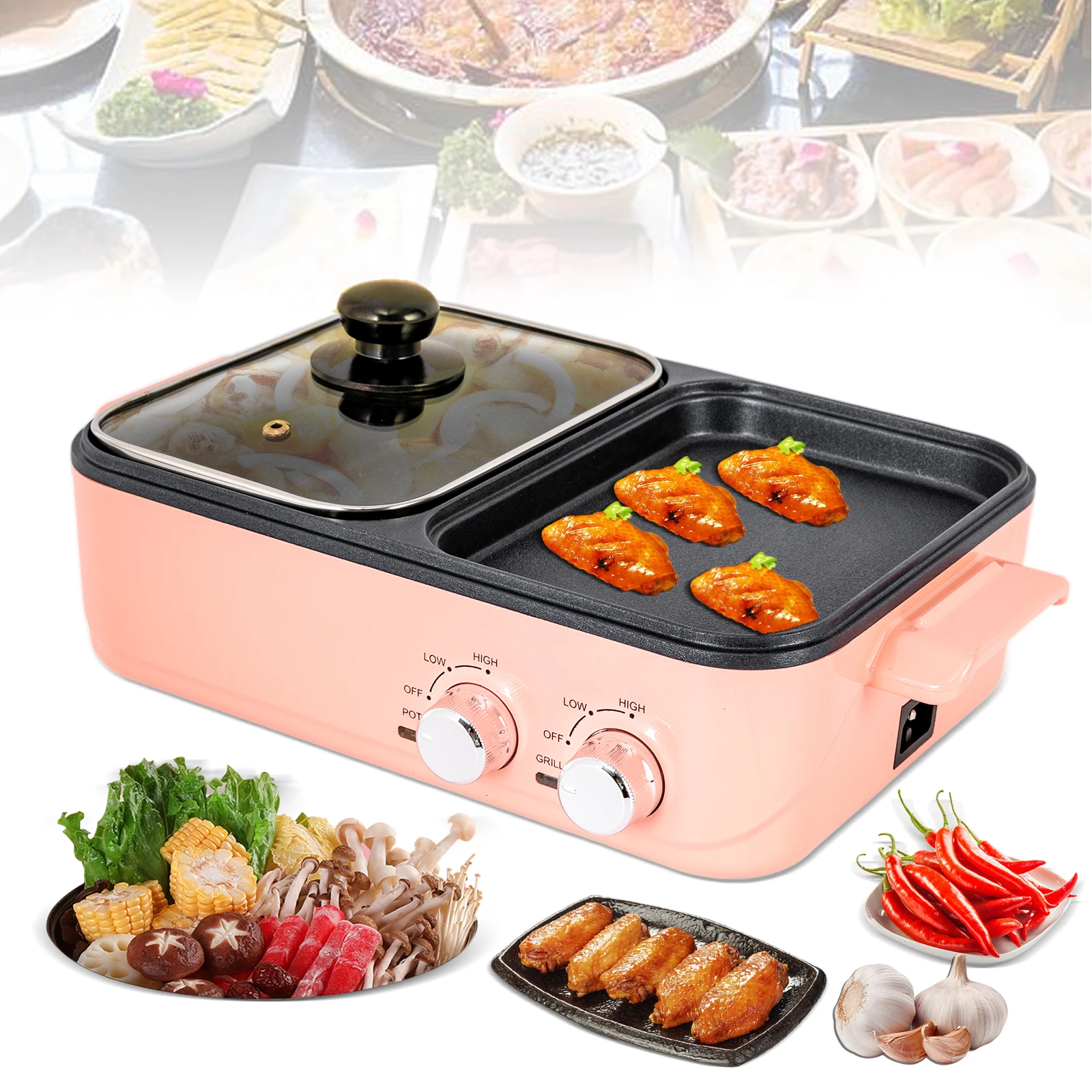 

Electric Hot Pot with Grill, 2 In 1 Nonstick Griddle&Hot Pot for Steak/Shabu Shabu/BBQ, Separate Dual Temperature Control, Pink