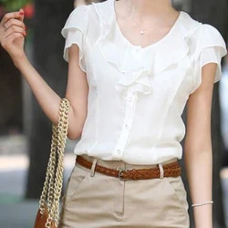 New Arrival Chiffon Short Sleeve Female Blouse Shirt Fashion Ruffles Ladies White Black Office Blouses Women Clothes