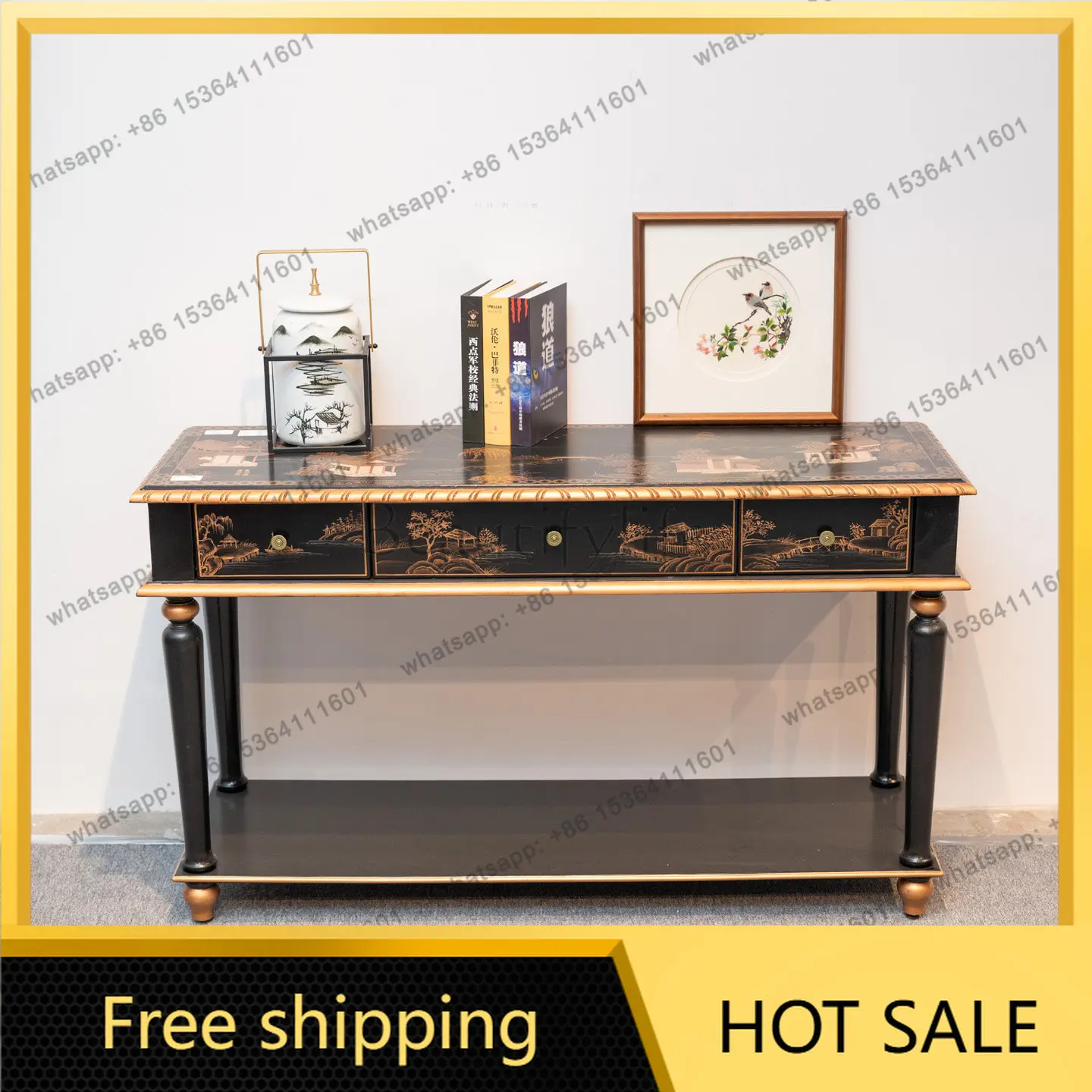PJ Chinese classical entrance table solid wood carving flower drawer table living room decoration table