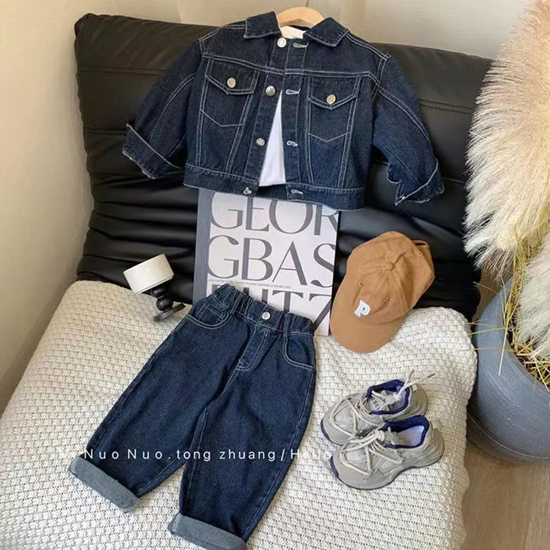 Children\'s Small And Medium-sized Children\'s Set 2024 Spring New Boys And Girls Denim Set Korean Version Solid Color 2 Pcs