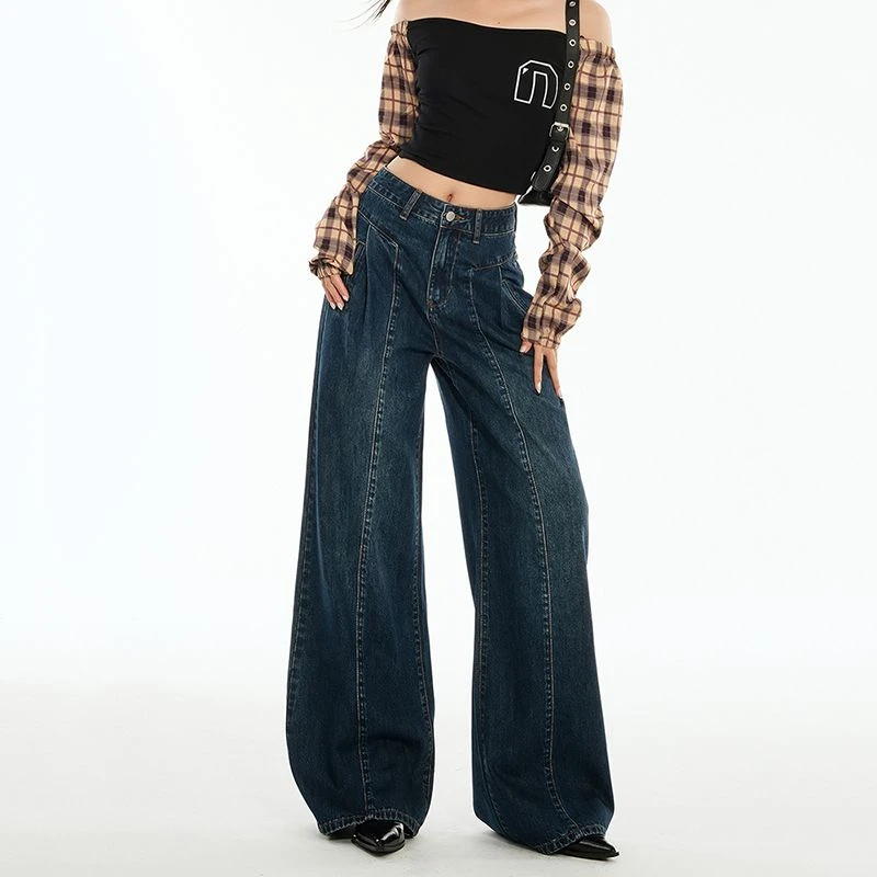 FINEWORDS กางเกงยีนส์สีน้ำเงินเข้มสไตล์เกาหลีลำลองสไตล์วินเทจผู้หญิงหลวมกางเกงยีนส์ขากว้างยาวเต็มตัว Easymatch กางเกงยีนส์ทรงหลวม