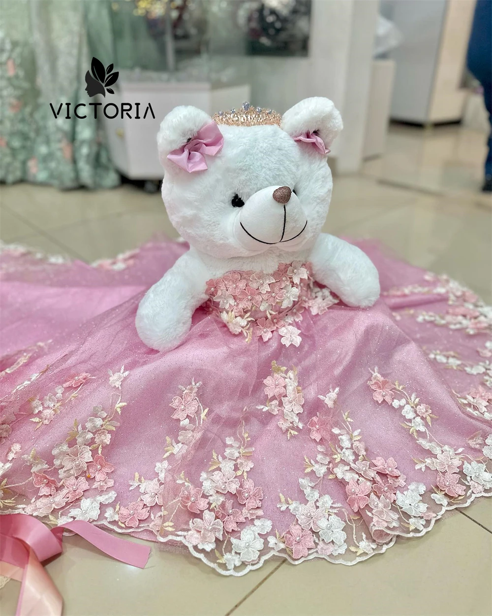 Princess Pink Lace Flowers Sweetheart Personalized Quinceanera Teddy Bear Dress Beaded