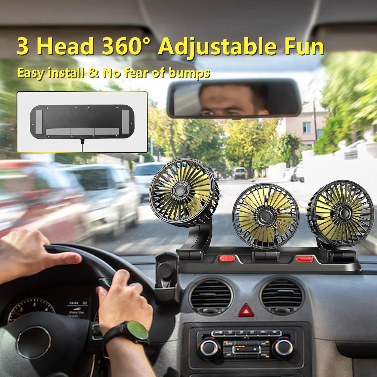 

Car Fan Electric Cooling Fans 360° Rotation 3 Head 2 Speed Portable Auto Air Fans With Parking Number Fan for Car RV SUV Truck