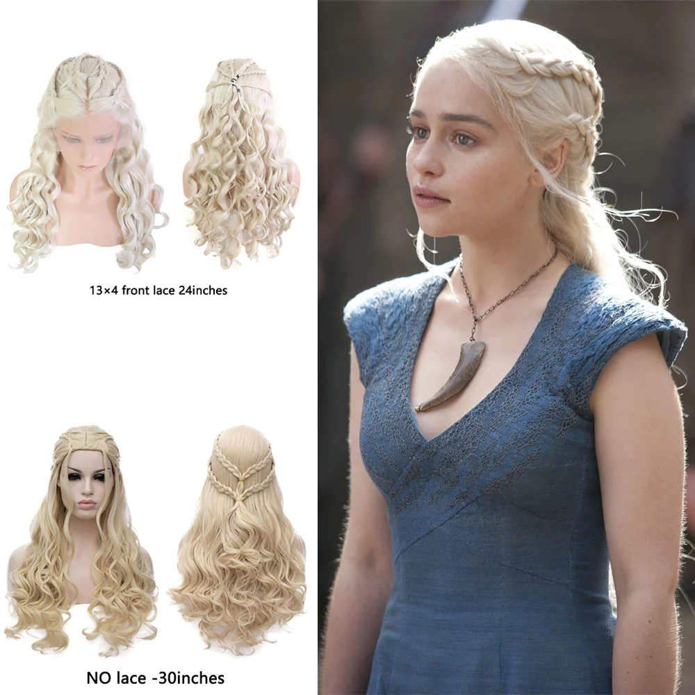 Women Blonde Long Wavy Braided Wig Daenerys Targaryen Style Heat Resistant Synthetic Hair For Daily Wear Halloween Cosplay Party