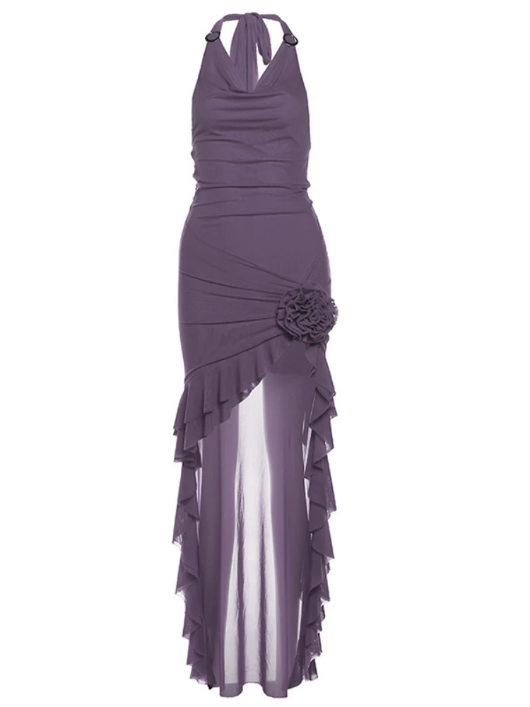 여름 홀터넥 거즈 Y2k 미적 드레스 streetwear 여성 불규칙한 프릴 그런지 드레스 하라주쿠 3d 꽃 bodycon vestidos