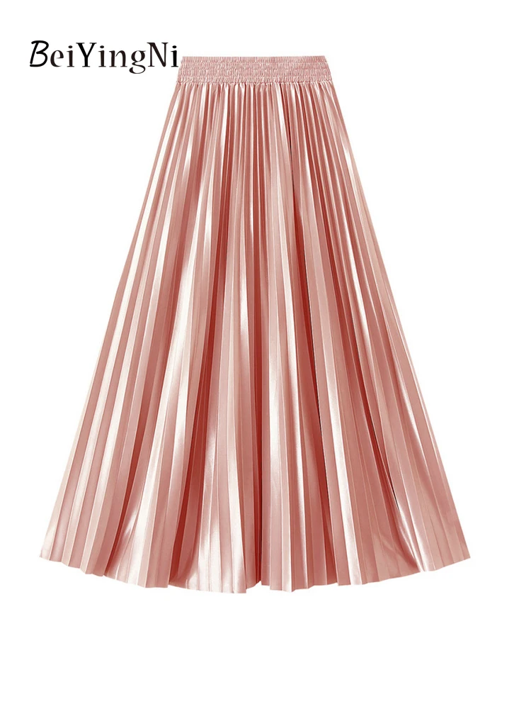 Beiyingni Spódnica damska z wysoką talią Casual Vintage Solidne długie plisowane spódnice Maxi Lady 20 kolorów Moda Prosta Saia Mujer Faldas