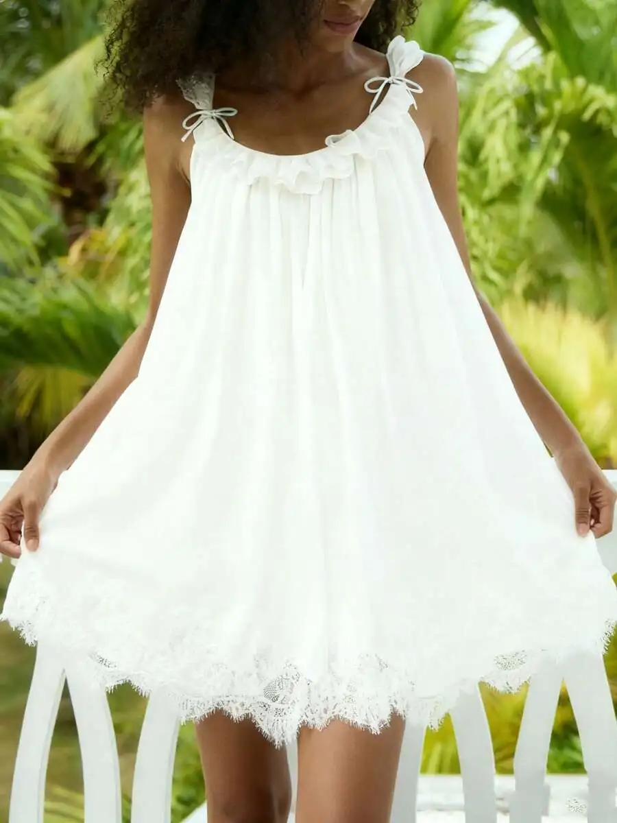 

Womens Lace Sleeveless Babydoll Nightgown With Bow Ruffle Summer Sleep Dress