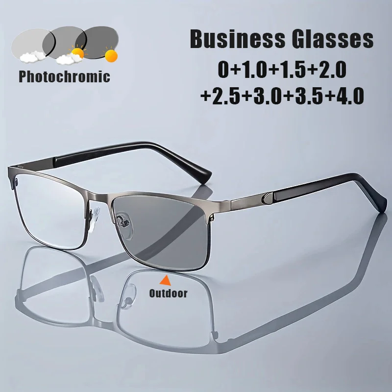 

New Photochromic Reading Glasses Stylish Metal Half-Frame Presbyopia Glasses HD Anti Blue Light Men's Business Eyeglasses