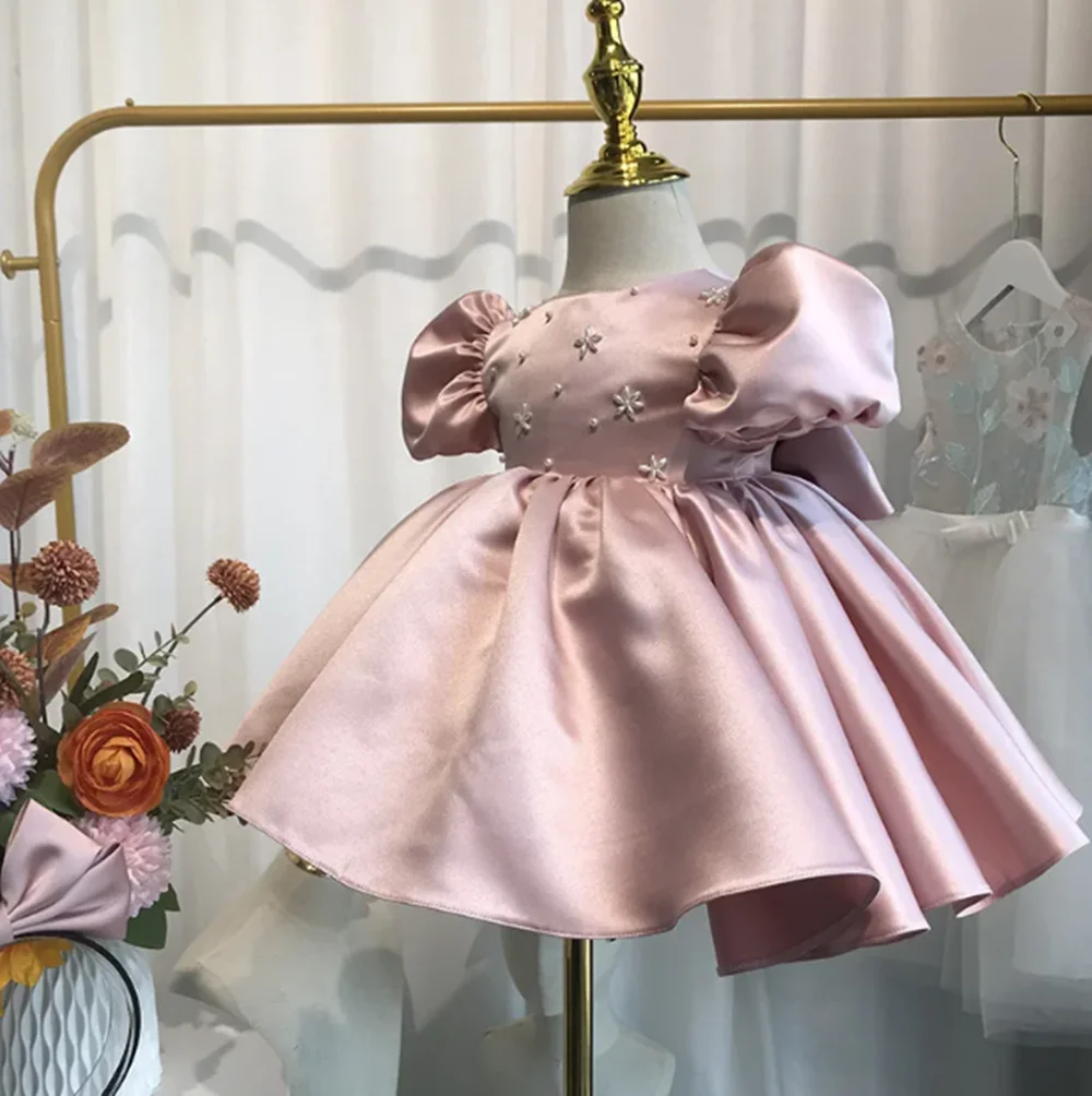 

Baby Girl Princess Pearl Beading Dress Infant Toddler Child Bow Vestido Puff Sleeve Wedding Party Birthday Baby Clothes 1-14Y