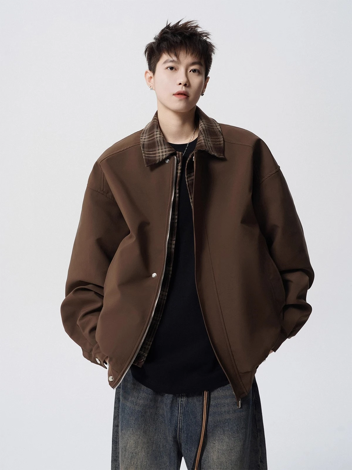 

Brown Baseball Sle Jaet for Men Spring Trendy Flip Collar Fake Two-Piece Coat Stand Fit Long Sve Youth Faion